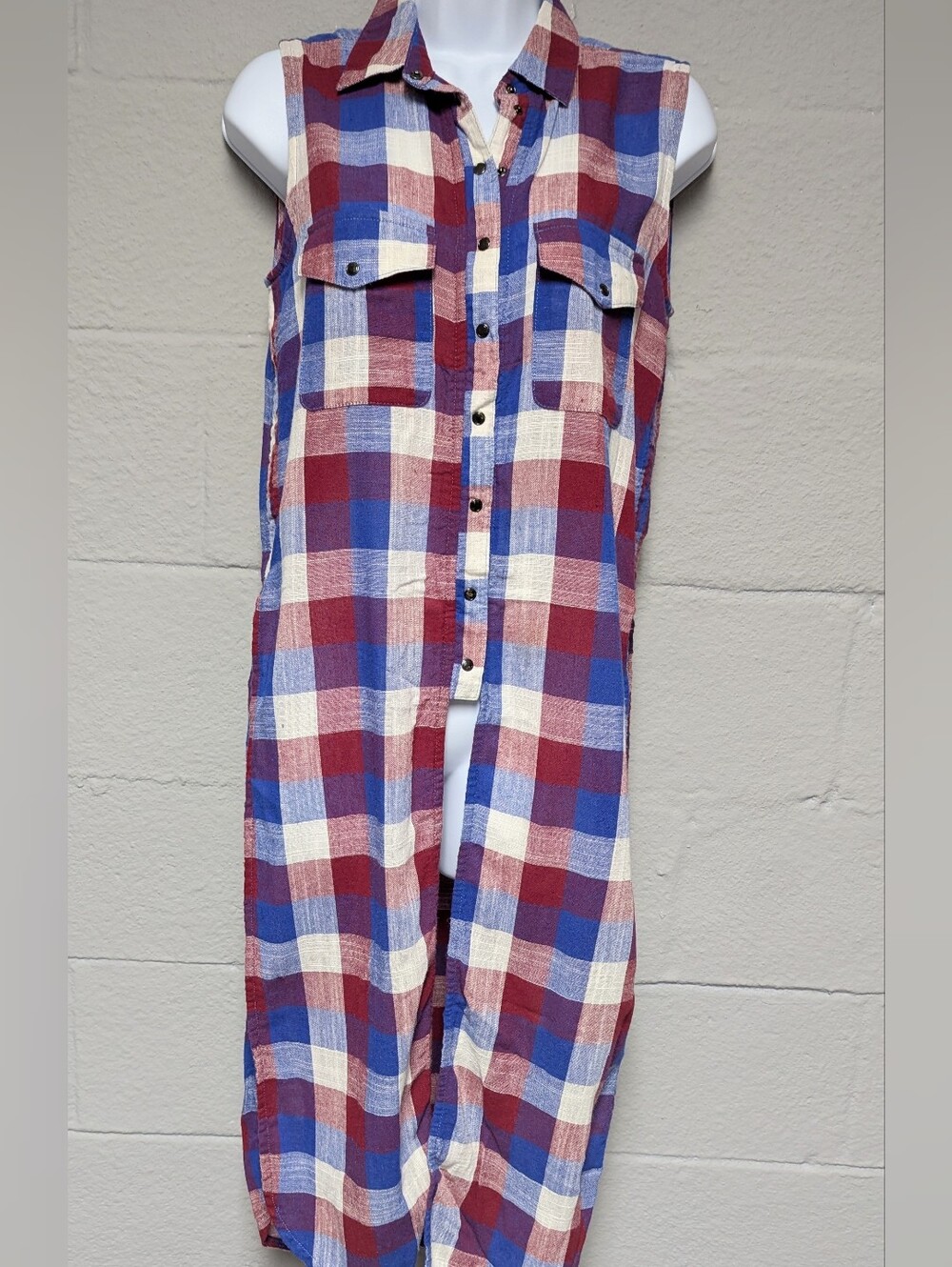 [Blank NYC] Size XS Long Gauze Vest Plaid  Duster Western Snap Up Cowgirl Rodeo